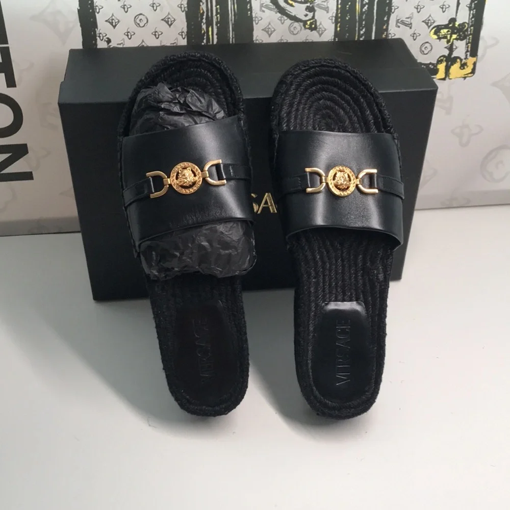 New Authentic Versace Summer Slides – Premium Leather, Gold-Tone Logo
